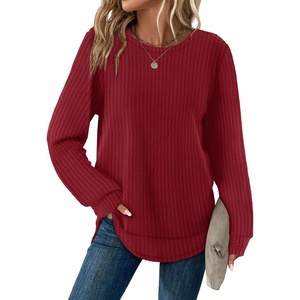 image:imageWIHOLL Womens Waffle Knit Tunic Tops Fall Long Sleeve Shirts Curved Hem  CrewneckLoose FitFashion ClothingTravel Vacation OutfitsLightweightBusiness CasualComfySoftCuteRed