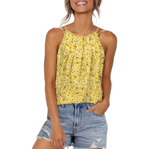 image:imageWlHOLL Womens Pleated Tank Tops Spaghetti Strap Camisole Halter Tops Curved Hem Fashion 2026Kyellow Floral